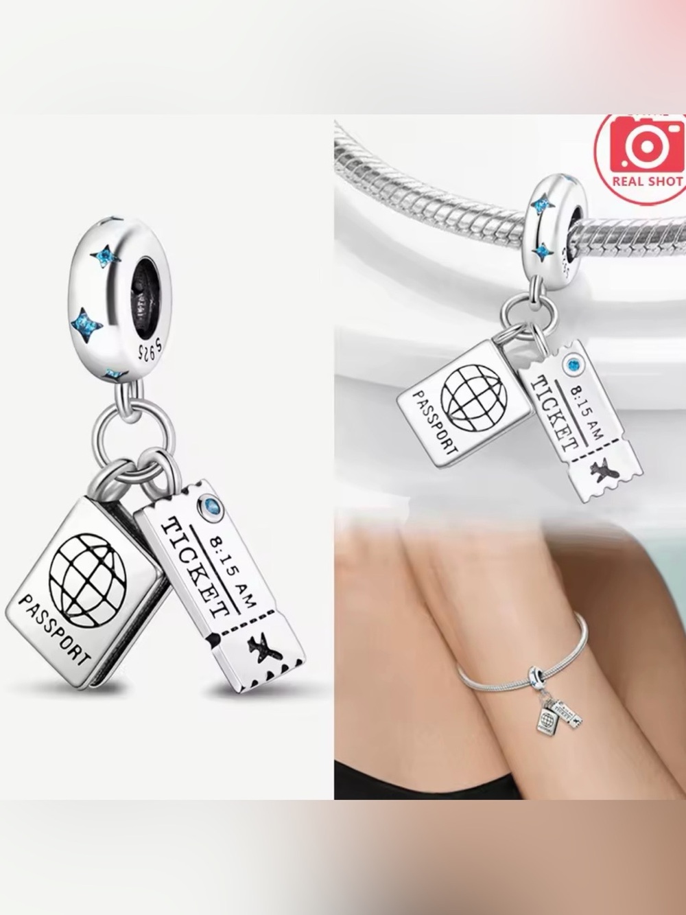Pandora Silver Travel Passport & Ticket Dangle Charm with Blue Stones